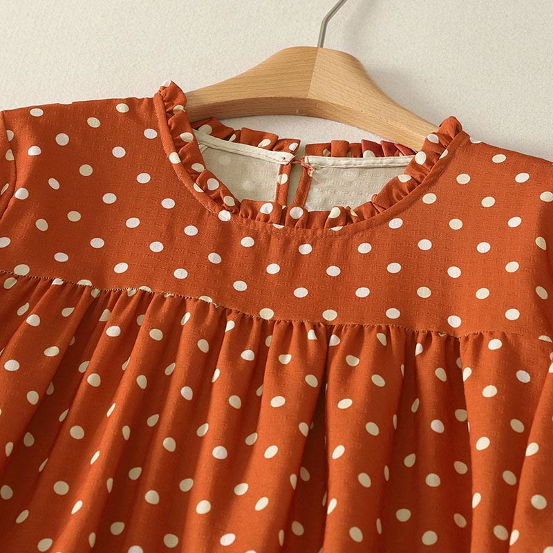 Buddha Stones Fall Polka Dot Design Crew Neck Long Sleeve Cotton Women's Midi Dress - image 2