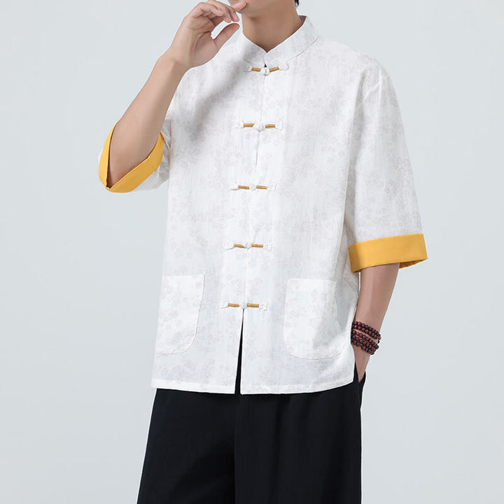 Buddha Stones Summer Peach Blossoms Pattern Chinese Frog-Button Cotton Linen Short Sleeve Men's Shirt - White - US/UK/AU46，EU56 (5XL) - image 15