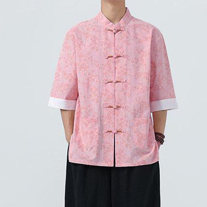 Buddha Stones Summer Peach Blossoms Pattern Chinese Frog-Button Cotton Linen Short Sleeve Men's Shirt - image 13