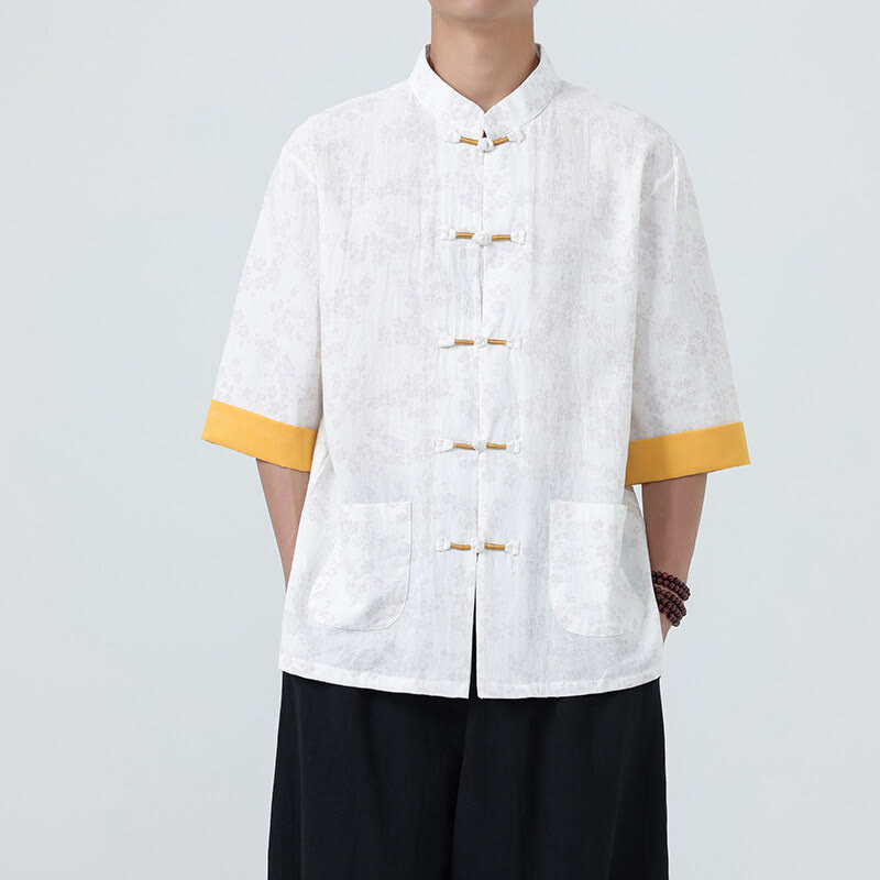 Buddha Stones Summer Peach Blossoms Pattern Chinese Frog-Button Cotton Linen Short Sleeve Men's Shirt - image 16