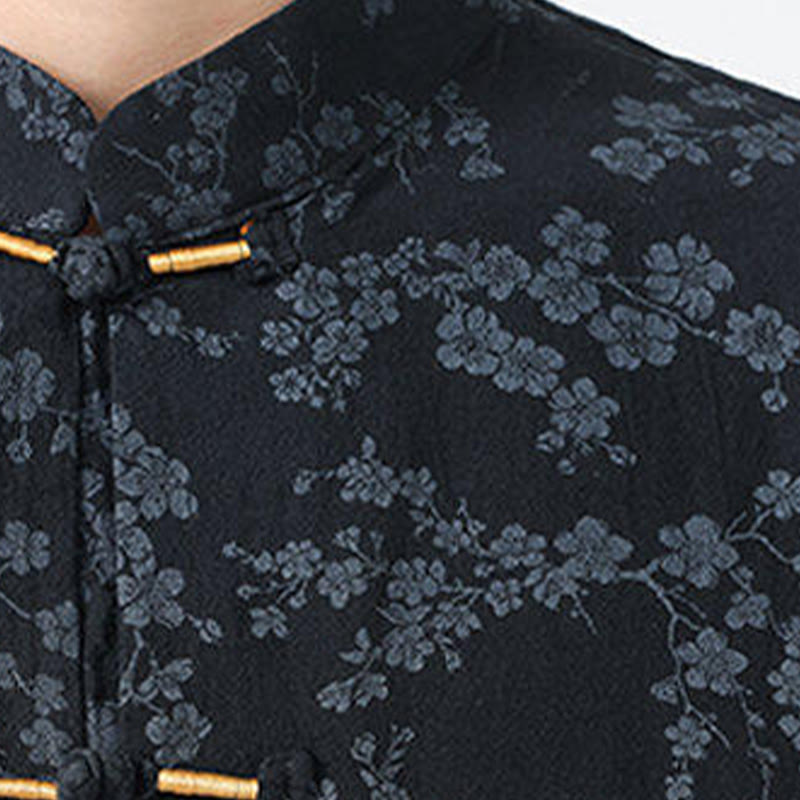 Buddha Stones Summer Peach Blossoms Pattern Chinese Frog-Button Cotton Linen Short Sleeve Men's Shirt - image 5