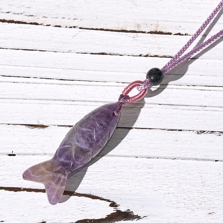 Buddha Stones Carving Koi Fish Pink Crystal Indian Agate Amethyst Warmth Prosperity Necklace Pendant - Amethyst(Pendant Size: 15*40mm) - image 12
