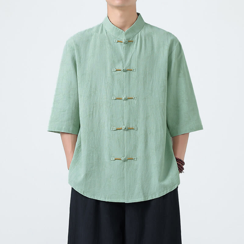 Buddha Stones Summer Bamboo Leaves Pattern Chinese Frog-Button Cotton Linen Short Sleeve Men's Shirt - Aquamarine - US/UK/AU46，EU56 (5XL) - image 11