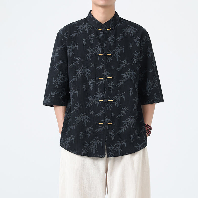 Buddha Stones Summer Bamboo Leaves Pattern Chinese Frog-Button Cotton Linen Short Sleeve Men's Shirt - Black - US/UK/AU46，EU56 (5XL) - image 0