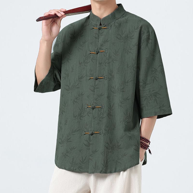 Buddha Stones Summer Bamboo Leaves Pattern Chinese Frog-Button Cotton Linen Short Sleeve Men's Shirt - image 10