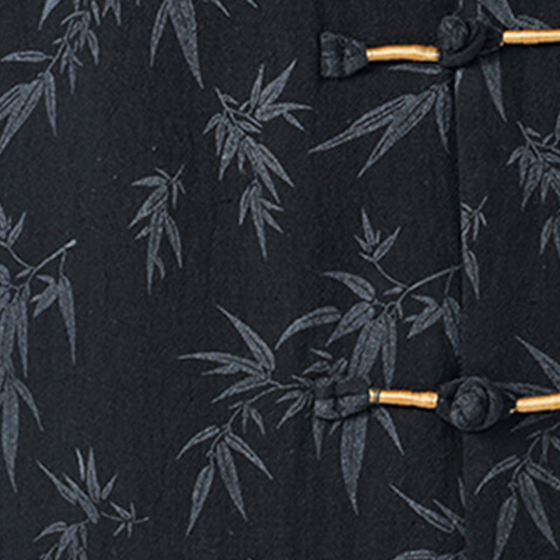 Buddha Stones Summer Bamboo Leaves Pattern Chinese Frog-Button Cotton Linen Short Sleeve Men's Shirt - image 3