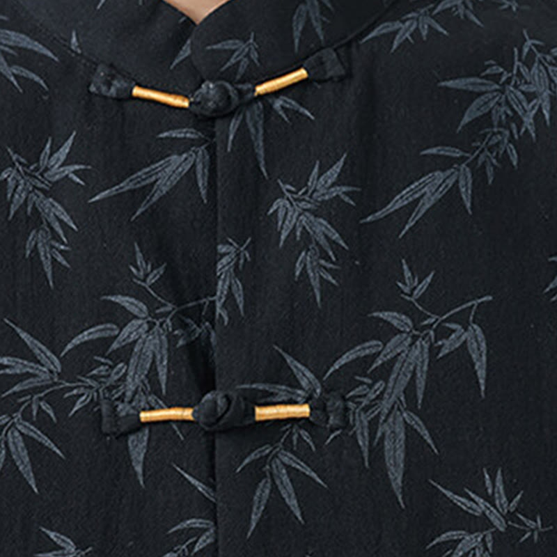 Buddha Stones Summer Bamboo Leaves Pattern Chinese Frog-Button Cotton Linen Short Sleeve Men's Shirt - image 4