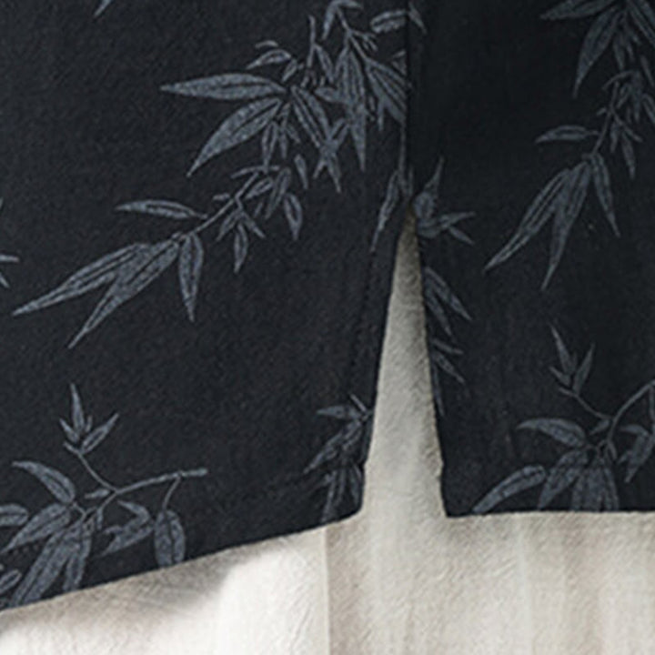 Buddha Stones Summer Bamboo Leaves Pattern Chinese Frog-Button Cotton Linen Short Sleeve Men's Shirt - image 6