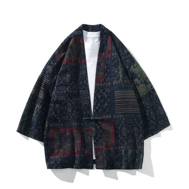 Buddha Stones Geometry Floral Stripes Butterfly Ink Open Front Half Sleeve Jacket Cotton Men's Kimono - Steel Blue Stripes - US/UK/AU46，EU56 (5XL) - image 12