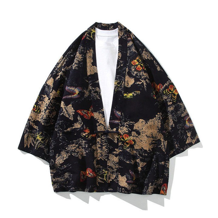 Buddha Stones Geometry Floral Stripes Butterfly Ink Open Front Half Sleeve Jacket Men's Kimono - Butterfly Black - US/UK/AU46，EU56 (5XL) - image 13