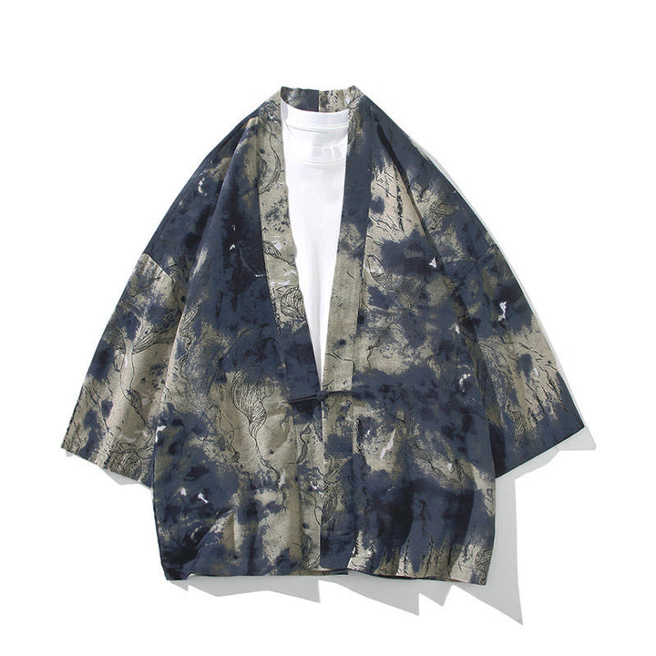 Buddha Stones Geometry Floral Stripes Butterfly Ink Open Front Half Sleeve Jacket Cotton Men's Kimono - Ink Blue Beige - US/UK/AU46，EU56 (5XL) - image 14