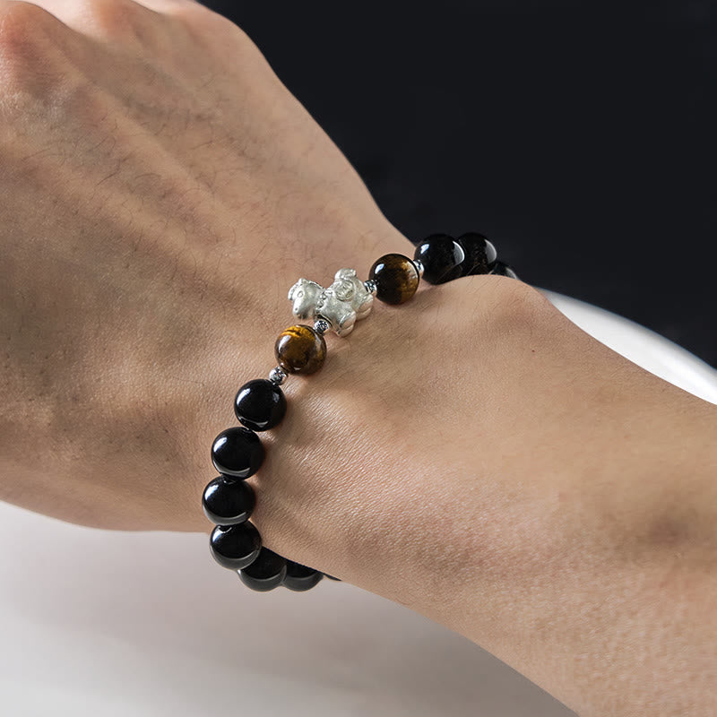 Buddha Stones Year Of The Horse 999 Sterling Silver Horse Charm Black Obsidian Tiger Eye Strength Bracelet - image 4