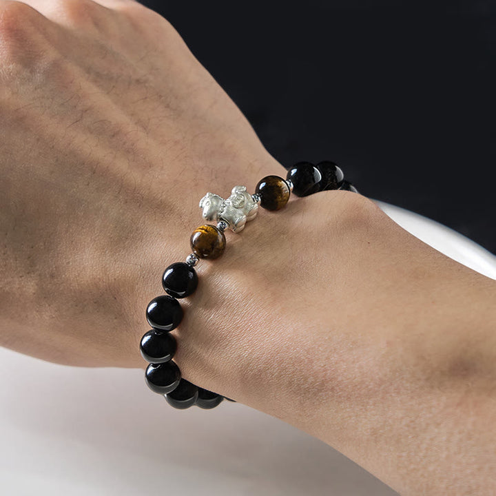Buddha Stones Year Of The Horse 999 Sterling Silver Horse Charm Black Obsidian Tiger Eye Strength Bracelet - image 4