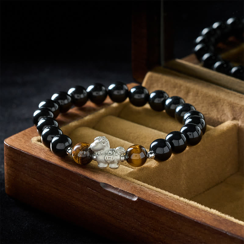 Buddha Stones Year Of The Horse 999 Sterling Silver Horse Charm Black Obsidian Tiger Eye Strength Bracelet - image 2