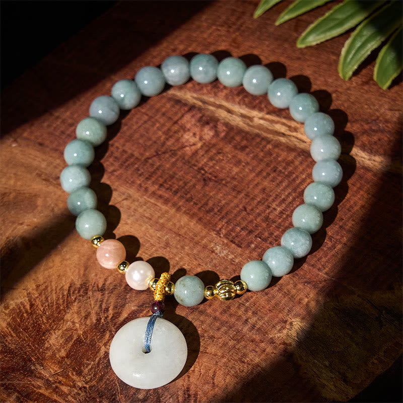 Buddha Stones Peace Buckle Jade Round Beaded Luck Auspicious Bracelet - image 1