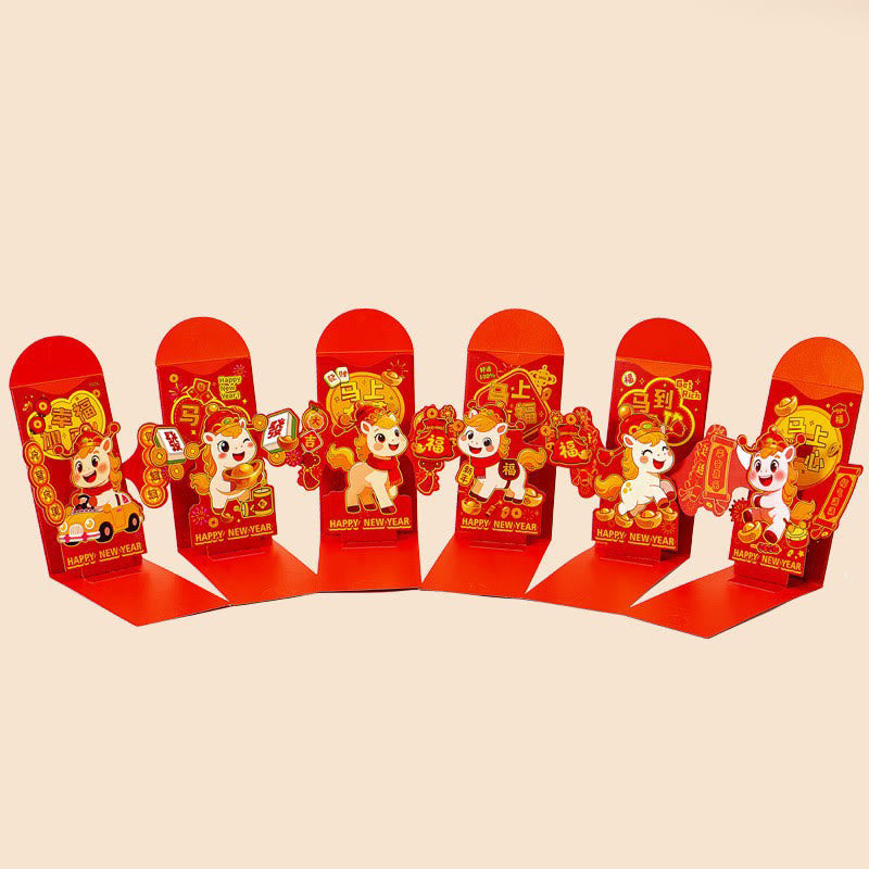Buddha Stones Year Of The Horse 2026 New Year Fu Character Three-dimensional 6pcs Chinese Red Envelope - Happiness Get Rich Lucky Fu Character Success Happy Set(17*9 cm) - image 0