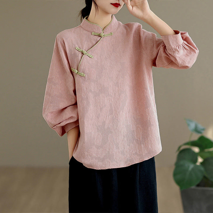 Buddha Stones Spring Traditional Floral Frog-Button Stand Collar Long Sleeve Women's Cotton Shirt - image 7