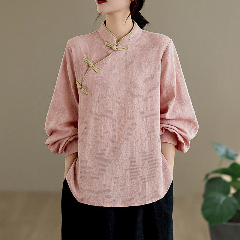 Buddha Stones Spring Traditional Floral Frog-Button Stand Collar Long Sleeve Women's Cotton Shirt - Pink - US8-10，UK/AU12-14，EU40-42 (2XL) - image 6