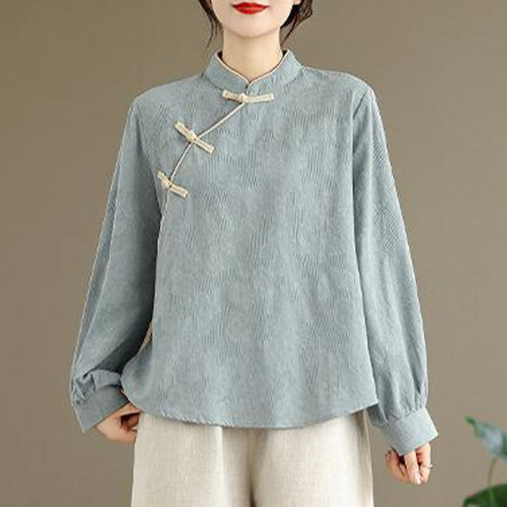 Buddha Stones Spring Traditional Floral Frog-Button Stand Collar Long Sleeve Women's Cotton Shirt - LightBlue - US8-10，UK/AU12-14，EU40-42 (2XL) - image 0