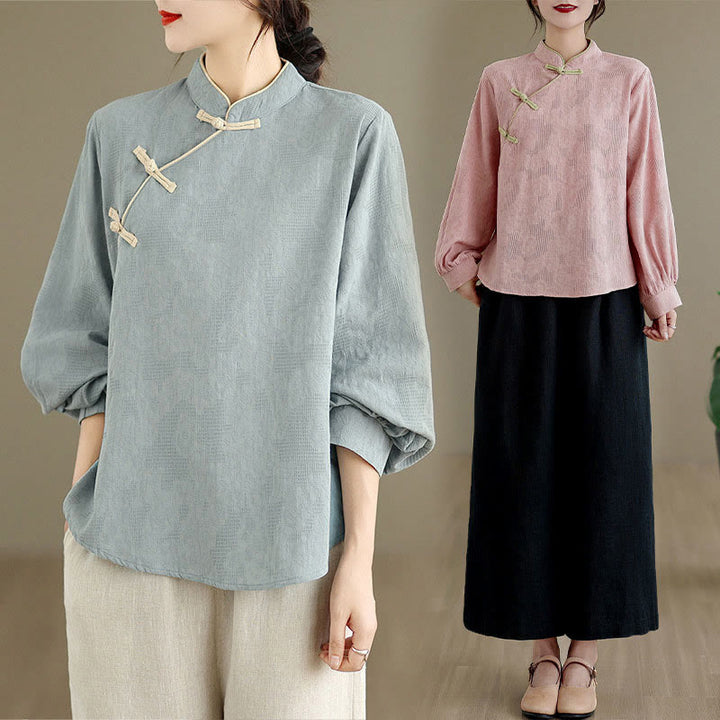 Buddha Stones Spring Traditional Floral Frog-Button Stand Collar Long Sleeve Women's Cotton Shirt - image 19