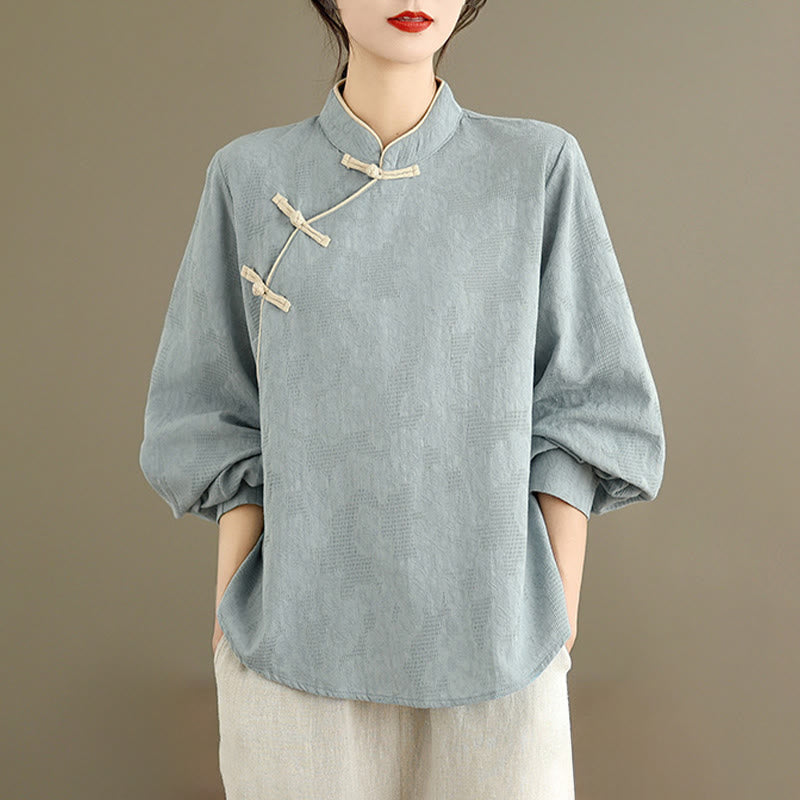 Buddha Stones Spring Traditional Floral Frog-Button Stand Collar Long Sleeve Women's Cotton Shirt - image 1