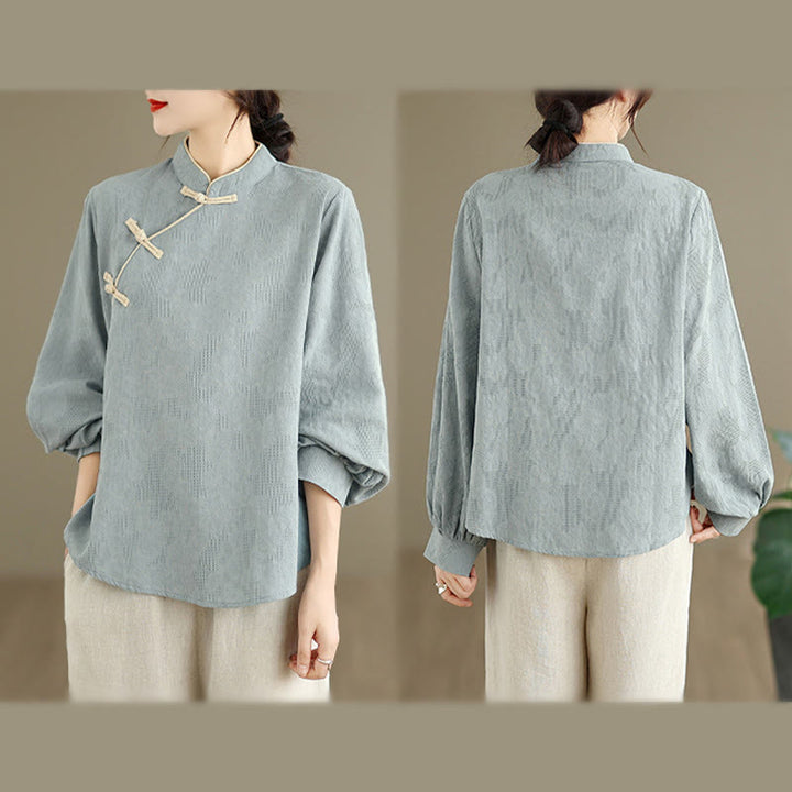 Buddha Stones Spring Traditional Floral Frog-Button Stand Collar Long Sleeve Women's Cotton Shirt - image 4