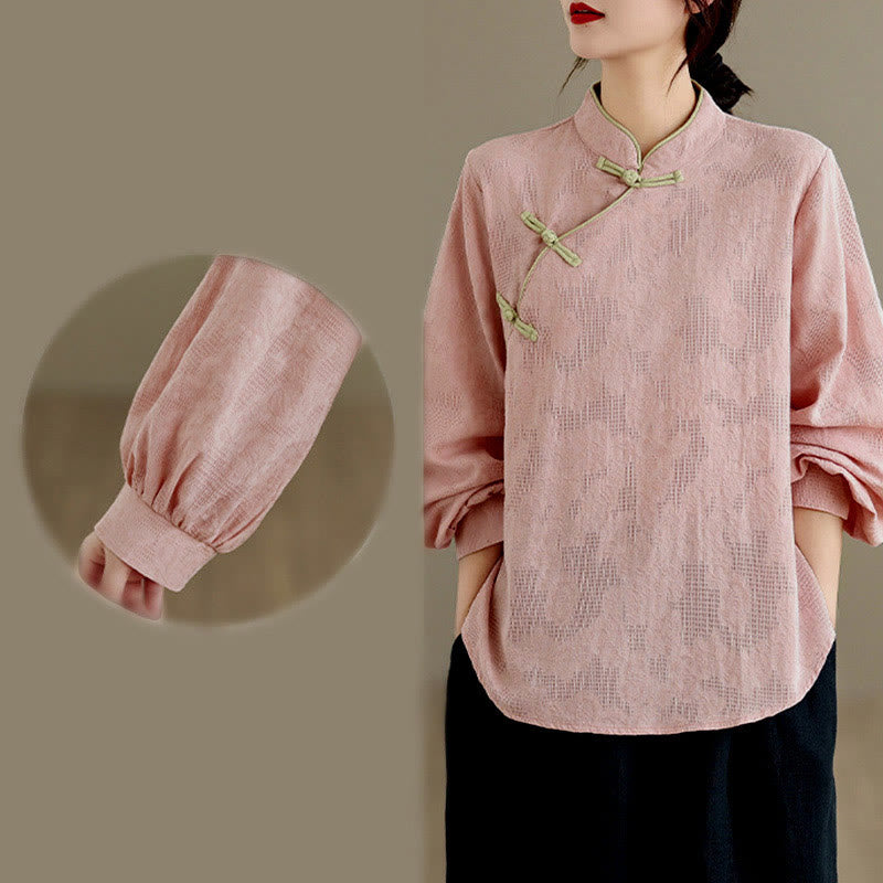 Buddha Stones Spring Traditional Floral Frog-Button Stand Collar Long Sleeve Women's Cotton Shirt - image 18