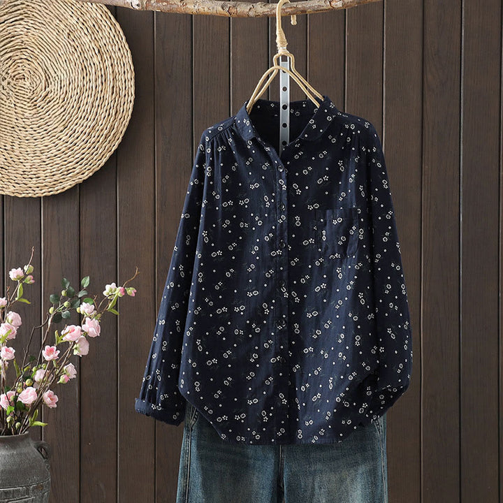 Buddha Stones Fall Small Floral Pattern Buttons Down Design Long Sleeve Women's Cotton Shirt - SteelBlue - US8-10，UK/AU12-14，EU40-42 (2XL) - image 0