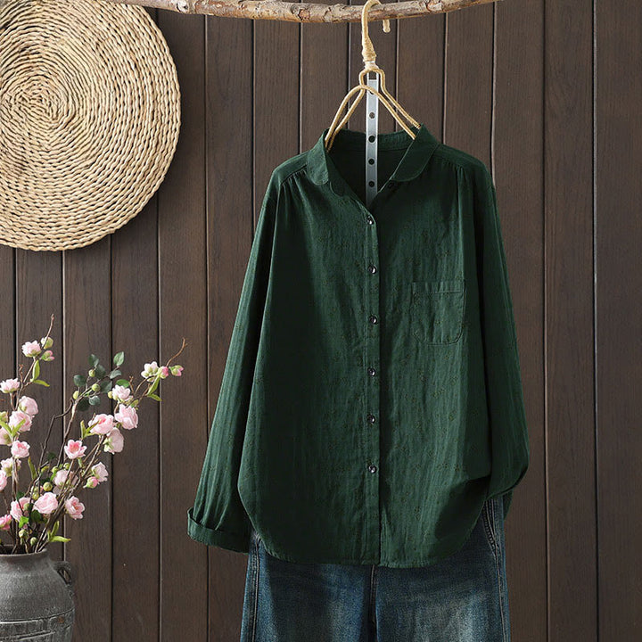 Buddha Stones Fall Small Floral Pattern Buttons Down Design Long Sleeve Women's Cotton Shirt - DarkGreen - US8-10，UK/AU12-14，EU40-42 (2XL) - image 17