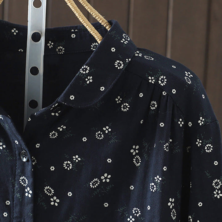 Buddha Stones Fall Small Floral Pattern Buttons Down Design Long Sleeve Women's Cotton Shirt - image 5