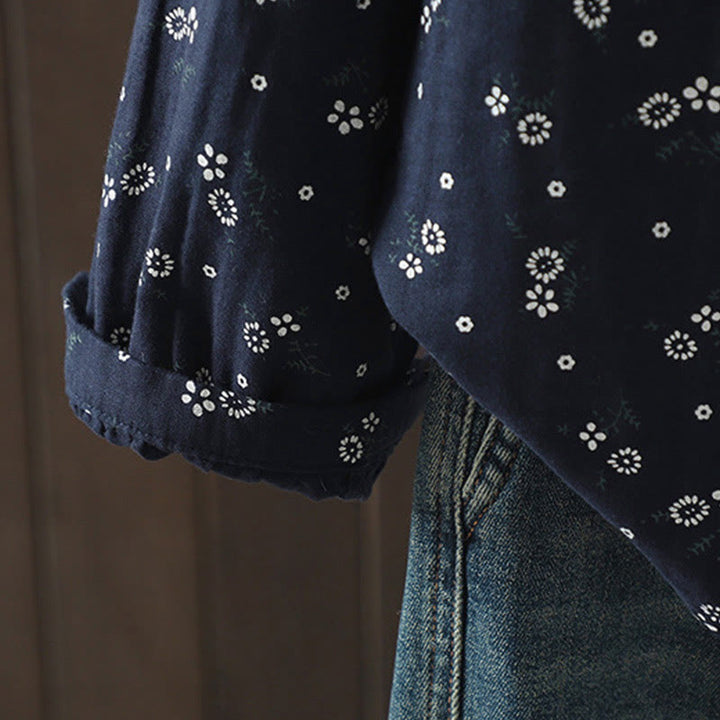 Buddha Stones Fall Small Floral Pattern Buttons Down Design Long Sleeve Women's Cotton Shirt - image 7