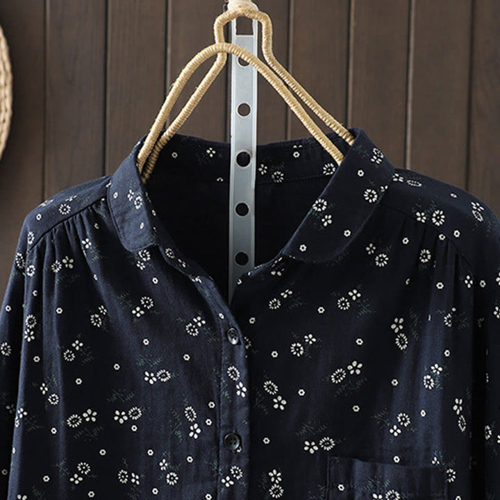 Buddha Stones Fall Small Floral Pattern Buttons Down Design Long Sleeve Women's Cotton Shirt - image 3