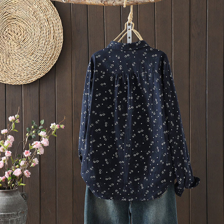 Buddha Stones Fall Small Floral Pattern Buttons Down Design Long Sleeve Women's Cotton Shirt - image 2