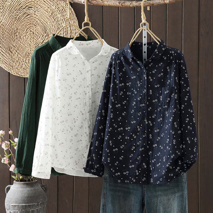 Buddha Stones Fall Small Floral Pattern Buttons Down Design Long Sleeve Women's Cotton Shirt - image 1