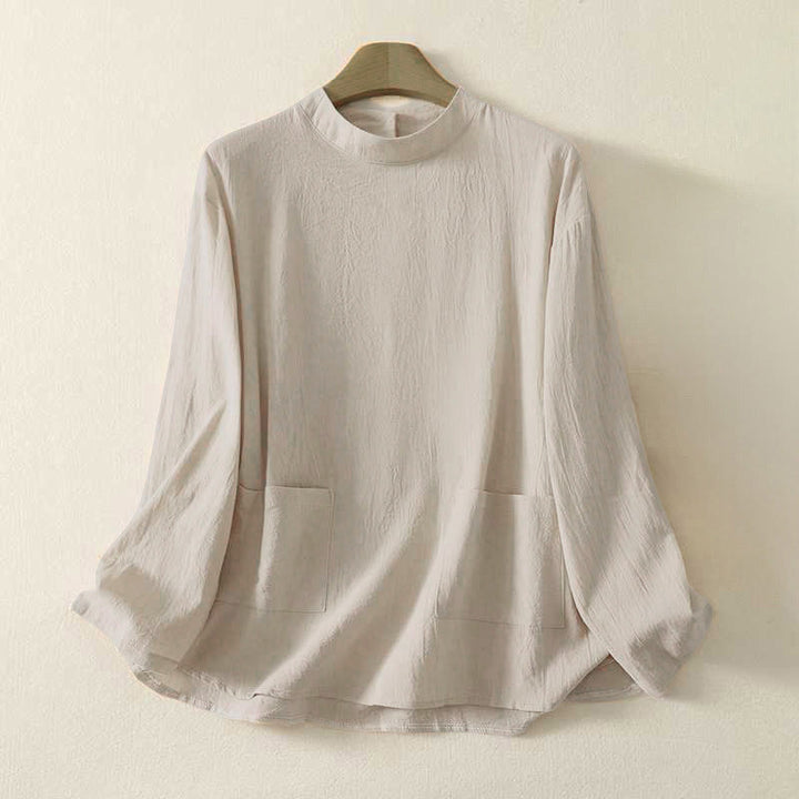 Buddha Stones Fall Plain Crew Neck Back Three Buttons Design Women's Cotton Long Sleeve Shirt - Beige - US8-10，UK/AU12-14，EU40-42 (2XL) - image 0