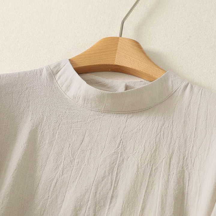 Buddha Stones Fall Plain Crew Neck Back Three Buttons Design Women's Cotton Long Sleeve Shirt - image 2