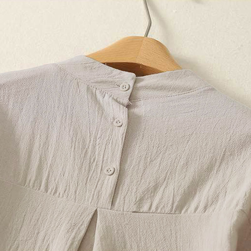 Buddha Stones Fall Plain Crew Neck Back Three Buttons Design Women's Cotton Long Sleeve Shirt - image 3