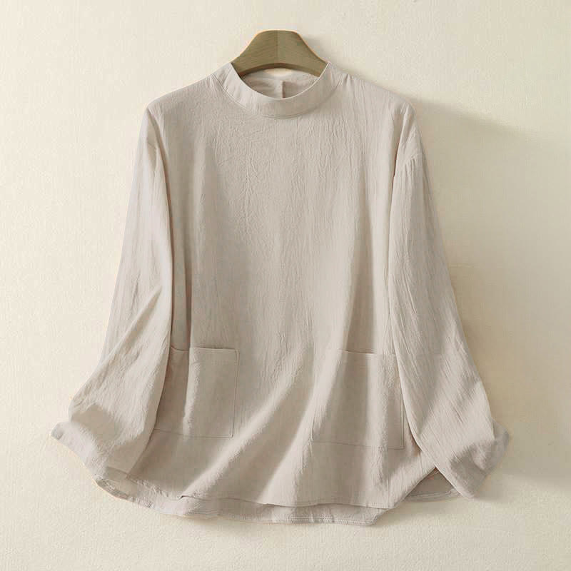 Buddha Stones Fall Plain Crew Neck Back Three Buttons Design Women's Cotton Long Sleeve Shirt - Beige - US8-10，UK/AU12-14，EU40-42 (2XL) - image 0