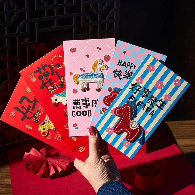 Buddha Stones Year Of The Horse 2026 New Year Embroidery Blessings Luck 6pcs Chinese Red Envelope - Horse Red Envelope(16.6*8.8cm) - image 0