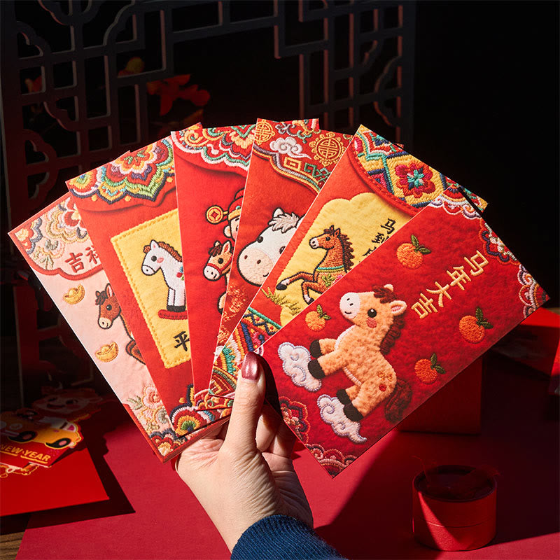 Buddha Stones Year Of The Horse 2026 New Year Blessing 6pcs Embroidery Chinese Red Envelope - image 1