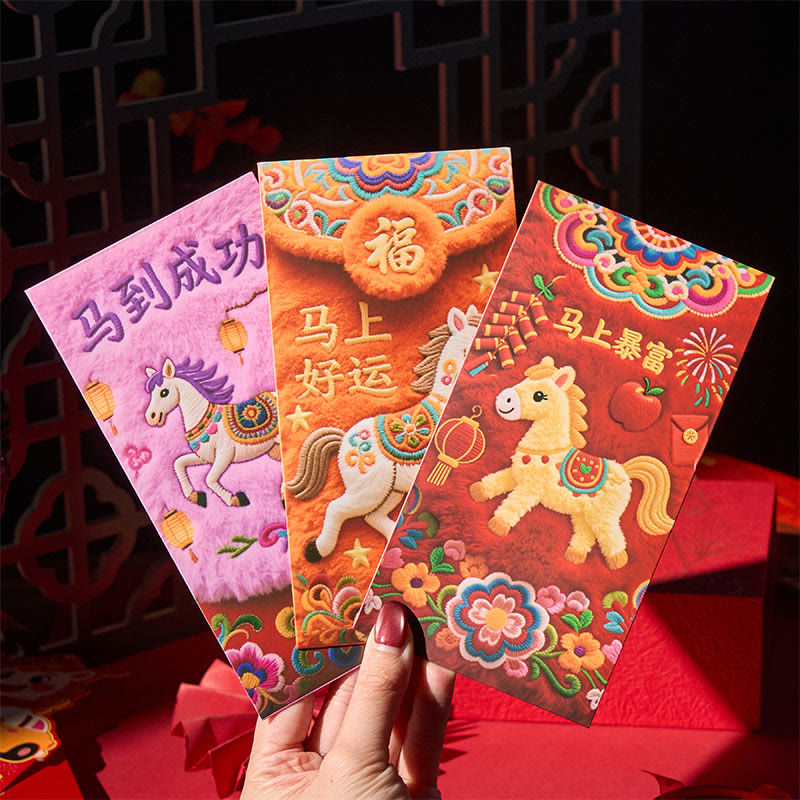 Buddha Stones Year Of The Horse 2026 New Year Good Luck 6pcs Embroidery Chinese Red Envelope - image 1