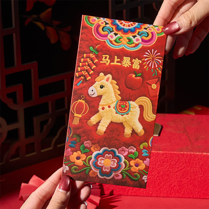 Buddha Stones Year Of The Horse 2026 New Year Good Luck 6pcs Embroidery Chinese Red Envelope - image 3