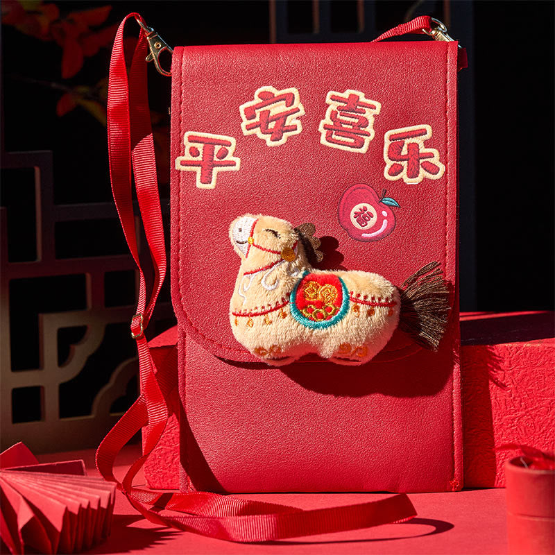 Buddha Stones Year Of The Horse 2026 New Year Fu Character Peace Joy Crossbody Red Envelope Bag - Large Size Vertical (19*12.2cm) - image 0