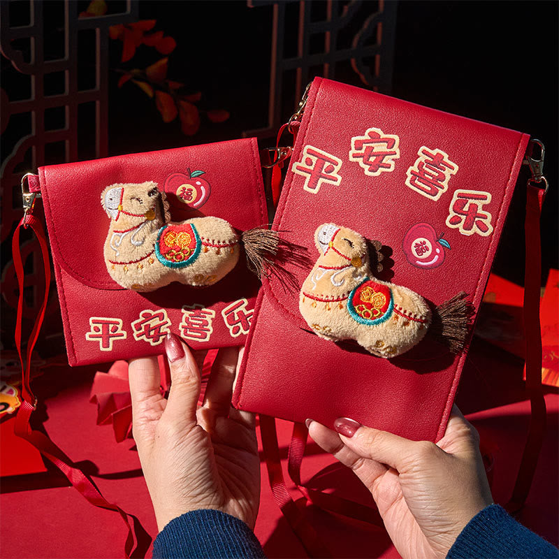 Buddha Stones Year Of The Horse 2026 New Year Fu Character Peace Joy Crossbody Red Envelope Bag - image 1
