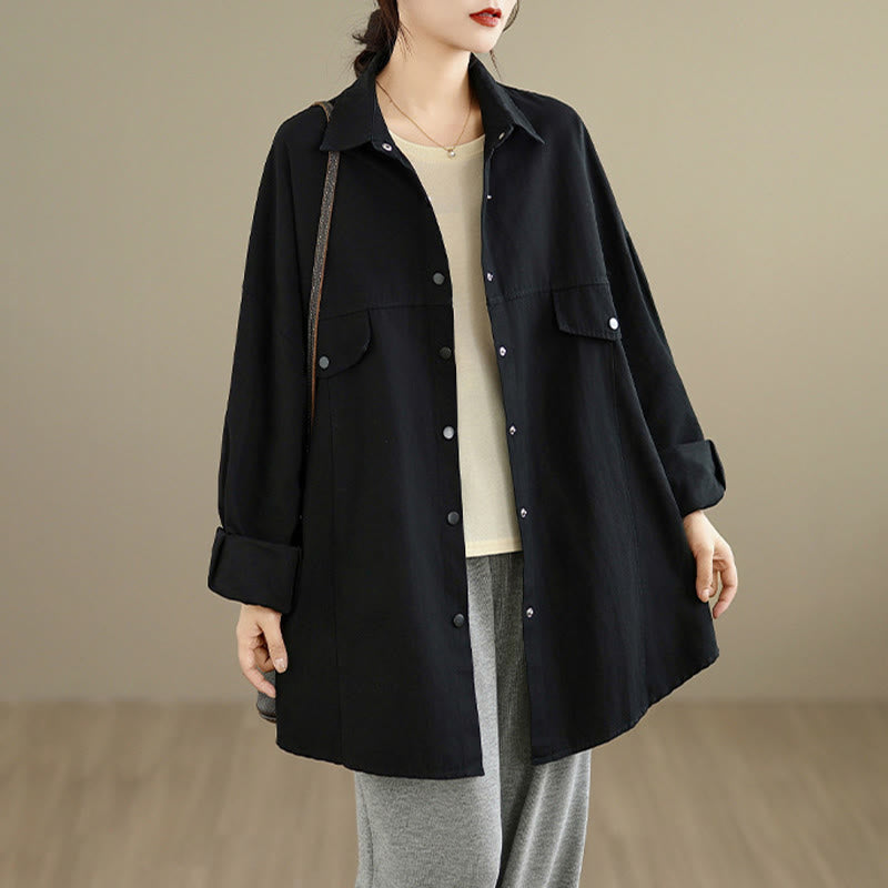 Buddha Stones Fall Pure Color Lapel Button Simple Design Women's Cotton Long Sleeve Jacket - image 7