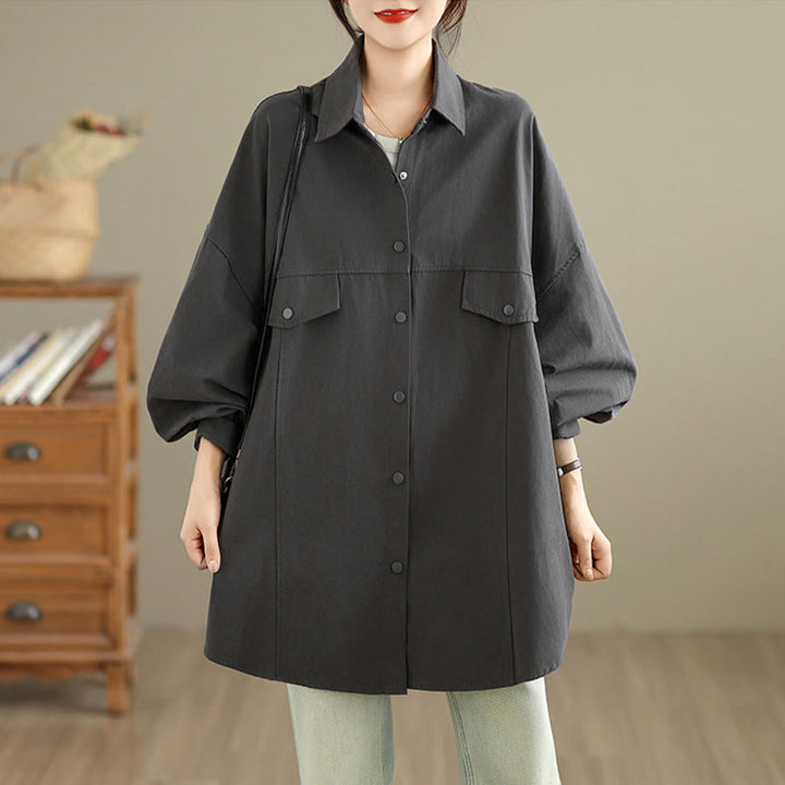 Buddha Stones Fall Pure Color Lapel Button Simple Design Women's Cotton Long Sleeve Jacket - image 4
