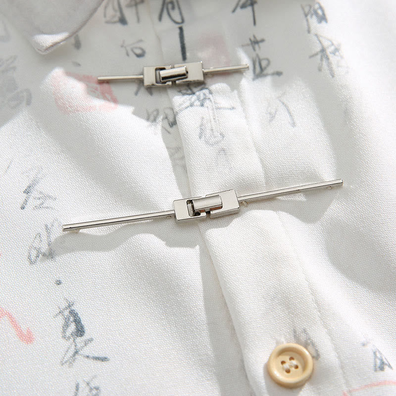 Buddha Stones Calligraphy Print Pattern Metal Bar Frog Closure Design Short Sleeve Men's Shirt With Pocket - image 7