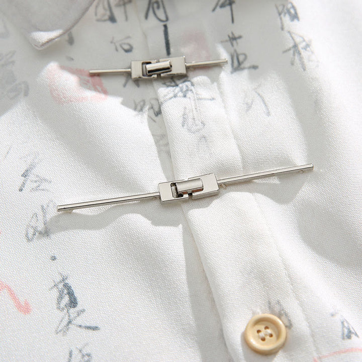 Buddha Stones Calligraphy Print Pattern Metal Bar Frog Closure Design Short Sleeve Men's Shirt With Pocket - image 7