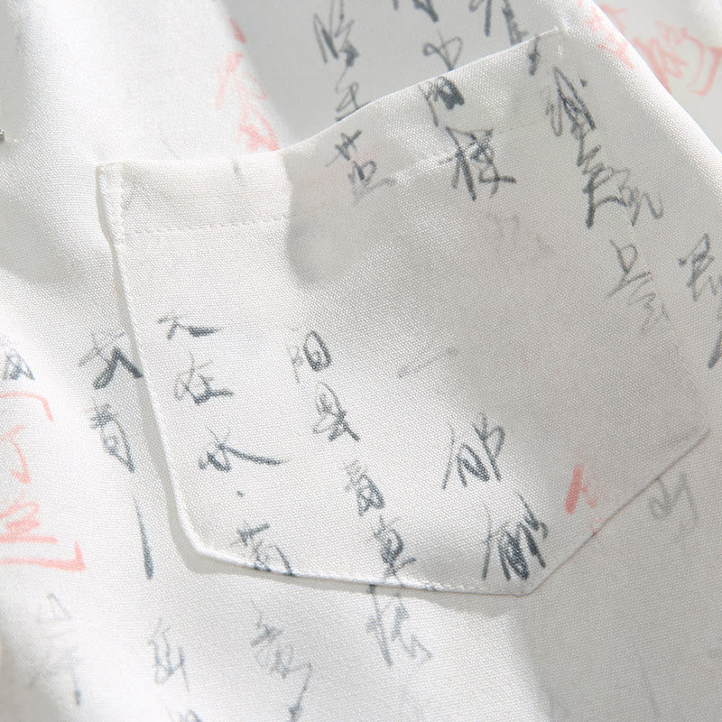 Buddha Stones Calligraphy Print Pattern Metal Bar Frog Closure Design Short Sleeve Men's Shirt With Pocket - image 6
