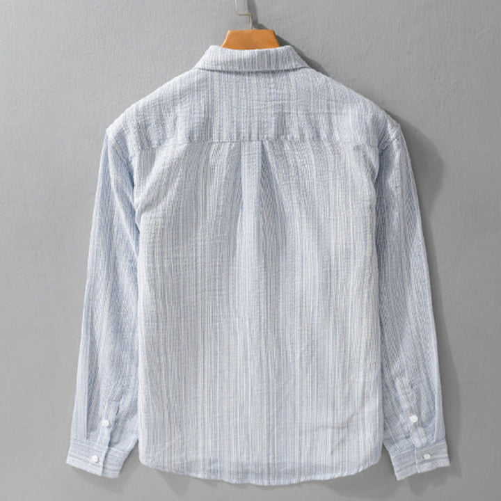 Buddha Stones Embroidery Bird Striped Pattern Long Sleeve Men's Cotton Shirt With Pocket - image 1